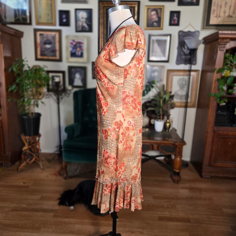 Vintage 90s DBY Floral Print V-Neck Ruffle Hem Midi Dress Orange Tan Womens - Picture 6 of 7